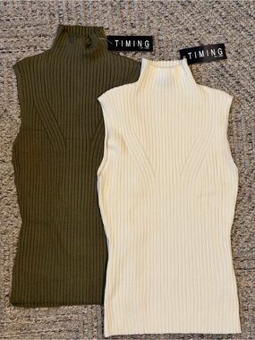 TIMING Olive & Cream Ribbed Mock Neck Sleeveless Tops